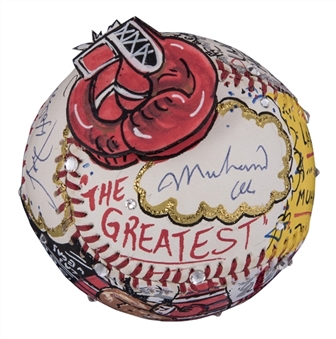 Muhammad Ali and Larry Holmes Dual Signed Artwork Baseball by Charles Fazzino (PSA/DNA)
